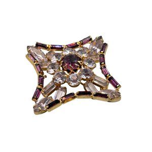 Vintage Layered Brooch Purple Rhinestones Cross Flower Shaped Costume Jewelry